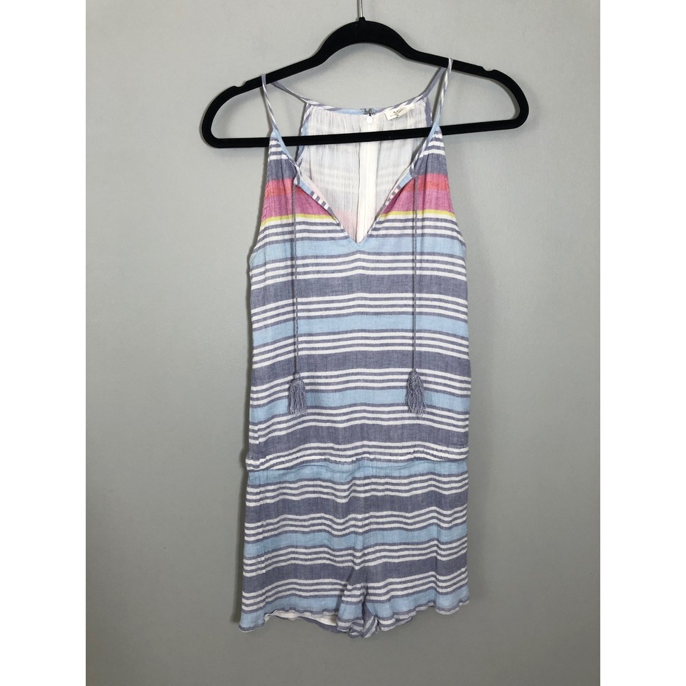 Soft Joie Romper Womens Small Blue Multi Stripe Tassel V-Neck Cotton